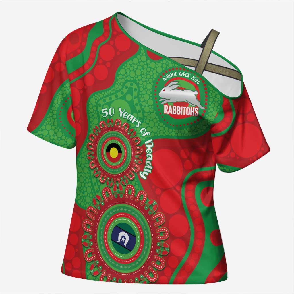 Rabbitohs NAIDOC Week 2026 Personalised Cross Shoulder Shirt 50 Years of Deadly Aboriginal Art