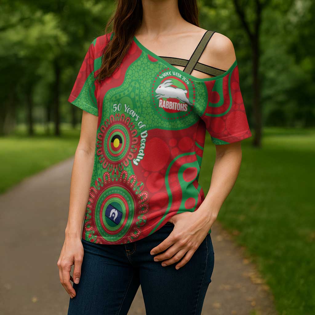 Rabbitohs NAIDOC Week 2026 Personalised Cross Shoulder Shirt 50 Years of Deadly Aboriginal Art