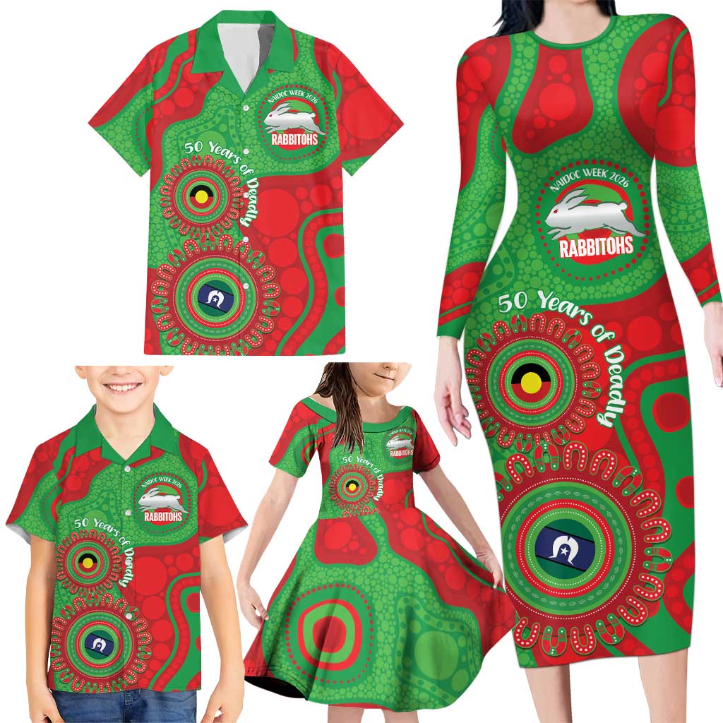 Rabbitohs NAIDOC Week 2026 Personalised Family Matching Long Sleeve Bodycon Dress and Hawaiian Shirt 50 Years of Deadly Aboriginal Art