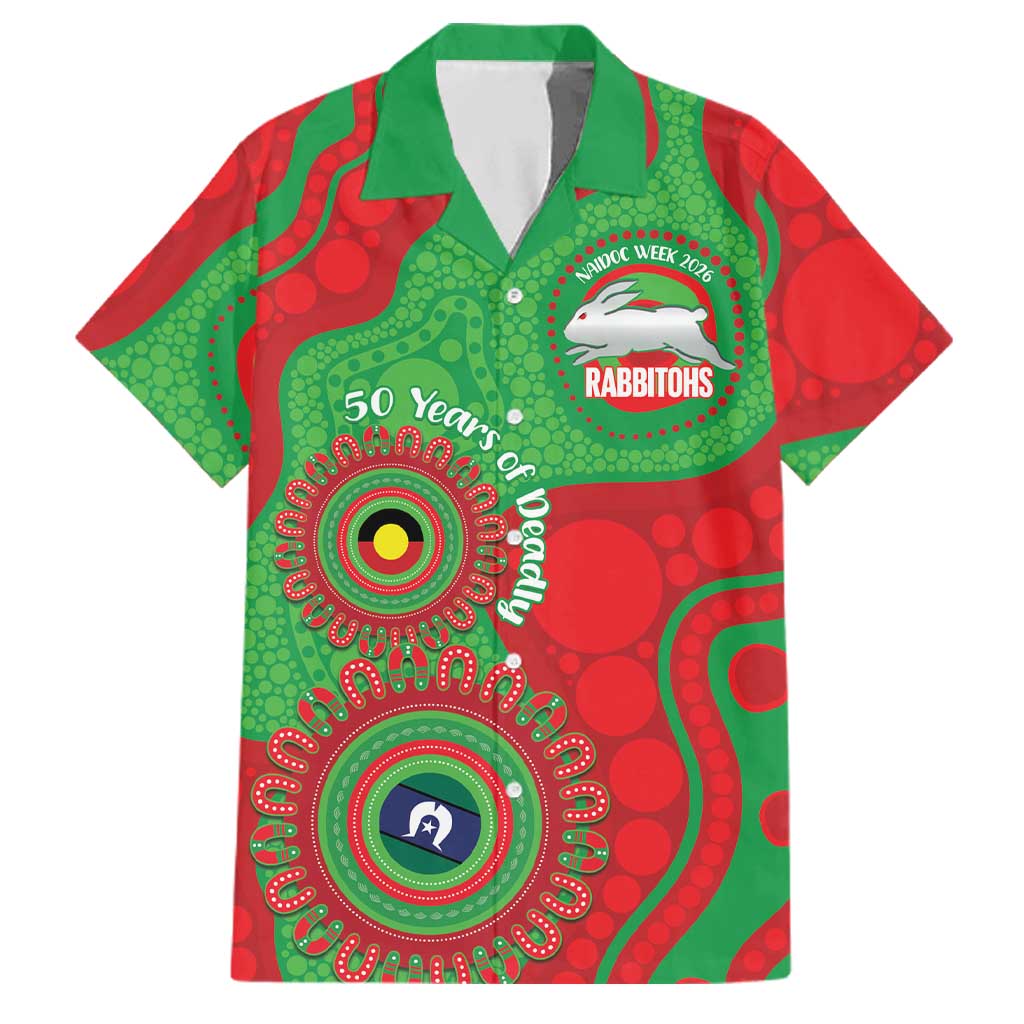 Rabbitohs NAIDOC Week 2026 Personalised Family Matching Long Sleeve Bodycon Dress and Hawaiian Shirt 50 Years of Deadly Aboriginal Art