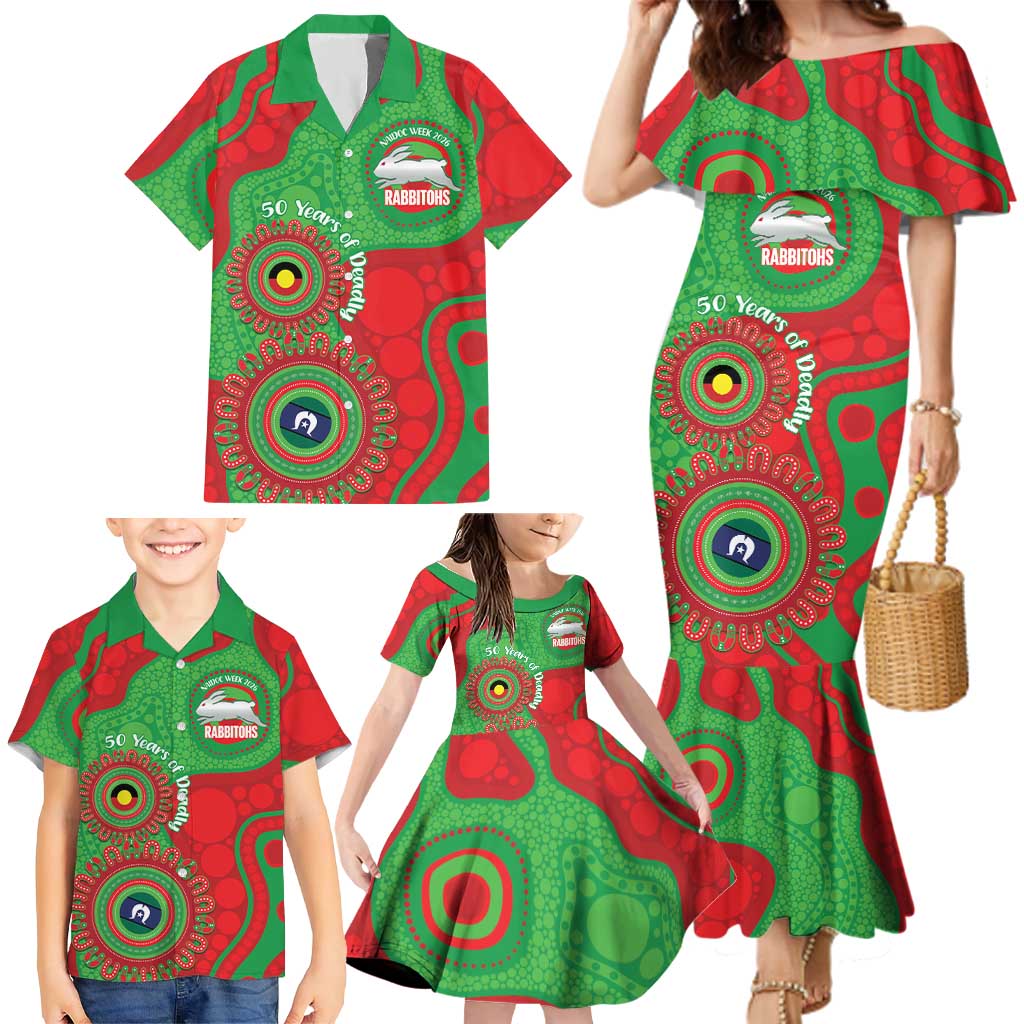 Rabbitohs NAIDOC Week 2026 Personalised Family Matching Mermaid Dress and Hawaiian Shirt 50 Years of Deadly Aboriginal Art