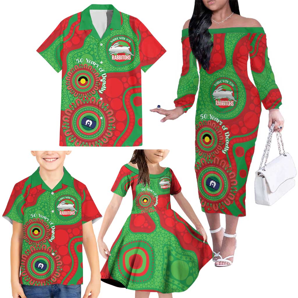 Rabbitohs NAIDOC Week 2026 Personalised Family Matching Off The Shoulder Long Sleeve Dress and Hawaiian Shirt 50 Years of Deadly Aboriginal Art