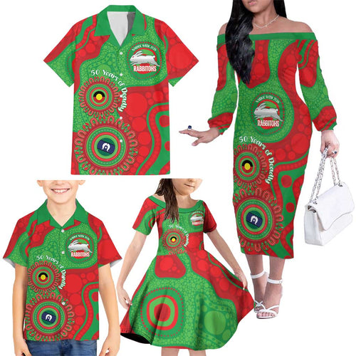Rabbitohs NAIDOC Week 2026 Personalised Family Matching Off The Shoulder Long Sleeve Dress and Hawaiian Shirt 50 Years of Deadly Aboriginal Art