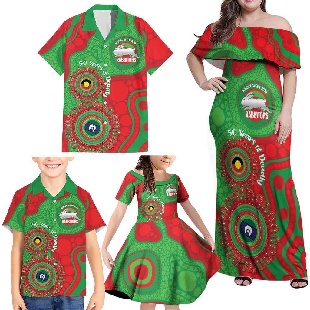 Rabbitohs NAIDOC Week 2026 Personalised Family Matching Off Shoulder Maxi Dress and Hawaiian Shirt 50 Years of Deadly Aboriginal Art