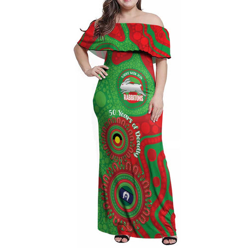 Rabbitohs NAIDOC Week 2026 Personalised Family Matching Off Shoulder Maxi Dress and Hawaiian Shirt 50 Years of Deadly Aboriginal Art