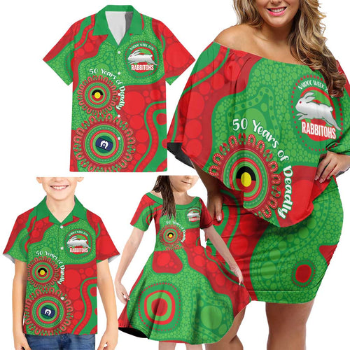 Rabbitohs NAIDOC Week 2026 Personalised Family Matching Off Shoulder Short Dress and Hawaiian Shirt 50 Years of Deadly Aboriginal Art