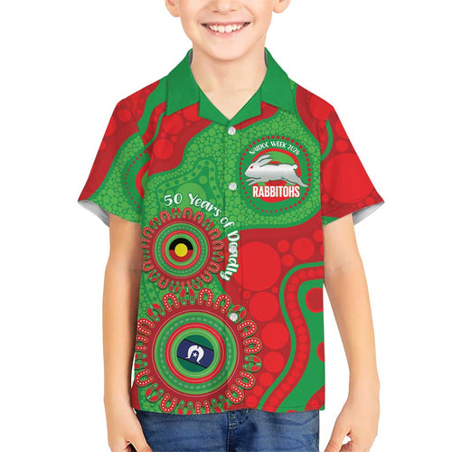 Rabbitohs NAIDOC Week 2026 Personalised Family Matching Short Sleeve Bodycon Dress and Hawaiian Shirt 50 Years of Deadly Aboriginal Art