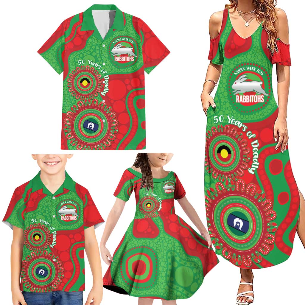 Rabbitohs NAIDOC Week 2026 Personalised Family Matching Summer Maxi Dress and Hawaiian Shirt 50 Years of Deadly Aboriginal Art