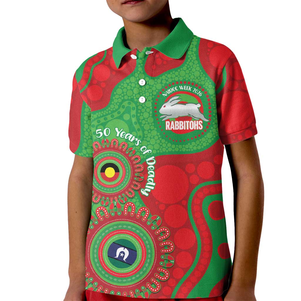 Rabbitohs NAIDOC Week 2026 Personalised Kid Polo Shirt 50 Years of Deadly Aboriginal Art