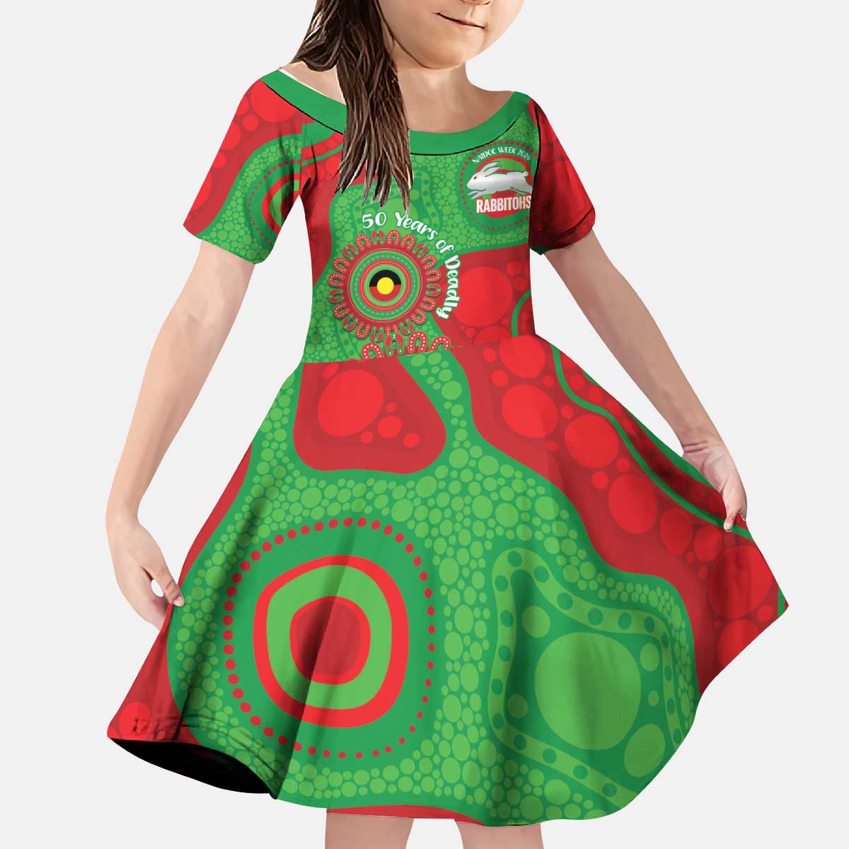 Rabbitohs NAIDOC Week 2026 Personalised Kid Short Sleeve Dress 50 Years of Deadly Aboriginal Art