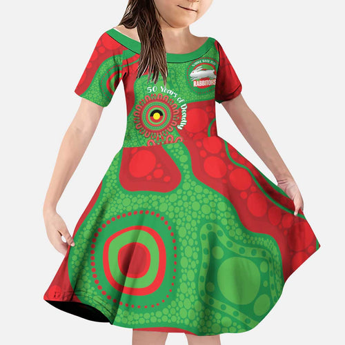 Rabbitohs NAIDOC Week 2026 Personalised Kid Short Sleeve Dress 50 Years of Deadly Aboriginal Art