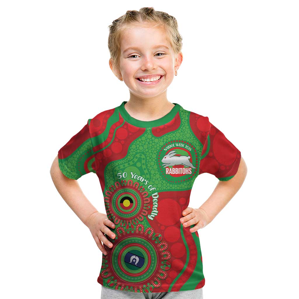 Rabbitohs NAIDOC Week 2026 Personalised Kid T Shirt 50 Years of Deadly Aboriginal Art