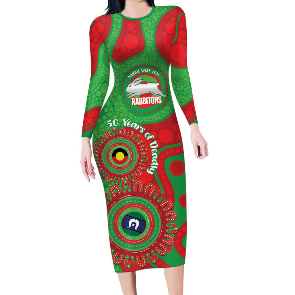 Rabbitohs NAIDOC Week 2026 Personalised Long Sleeve Bodycon Dress 50 Years of Deadly Aboriginal Art