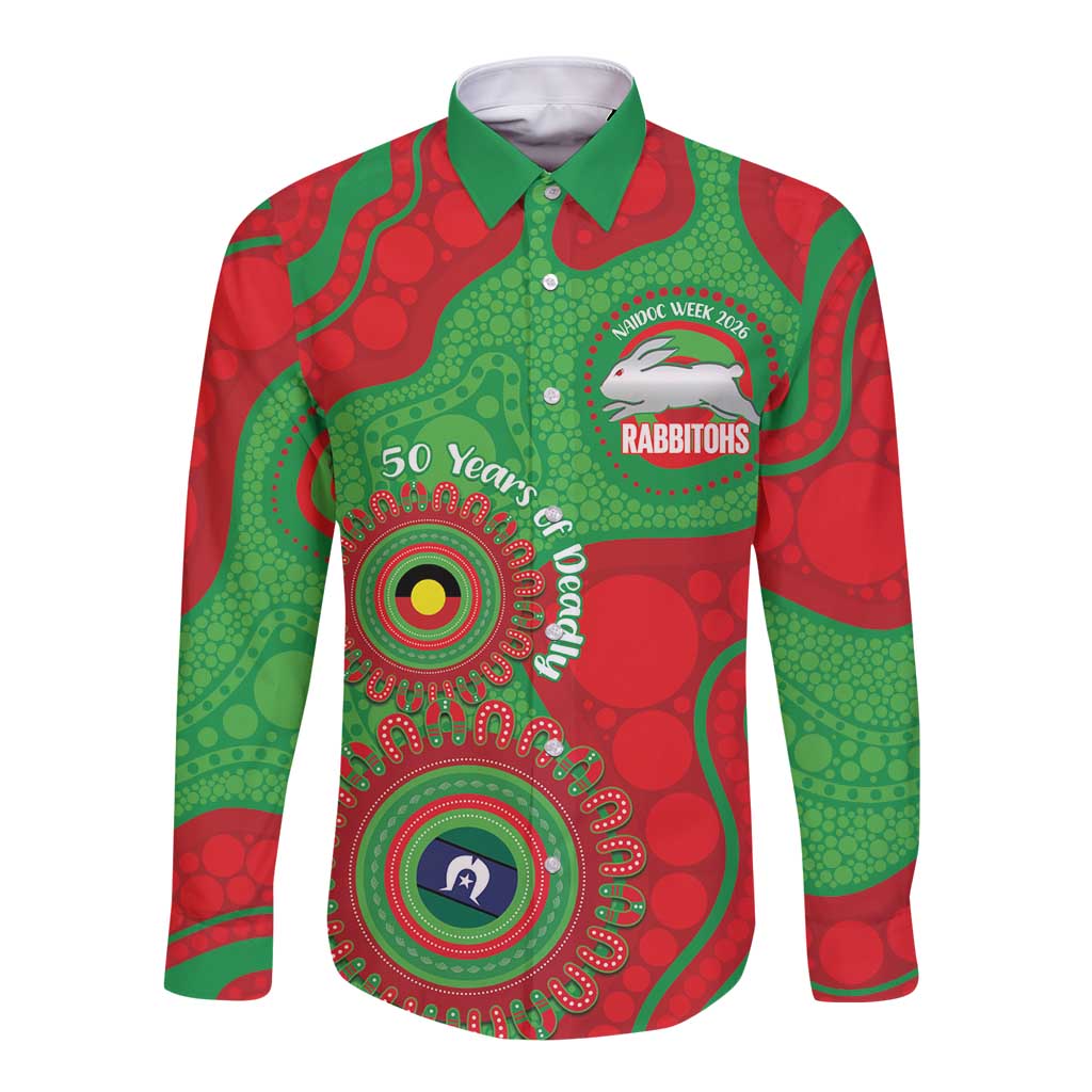 Rabbitohs NAIDOC Week 2026 Personalised Long Sleeve Button Shirt 50 Years of Deadly Aboriginal Art