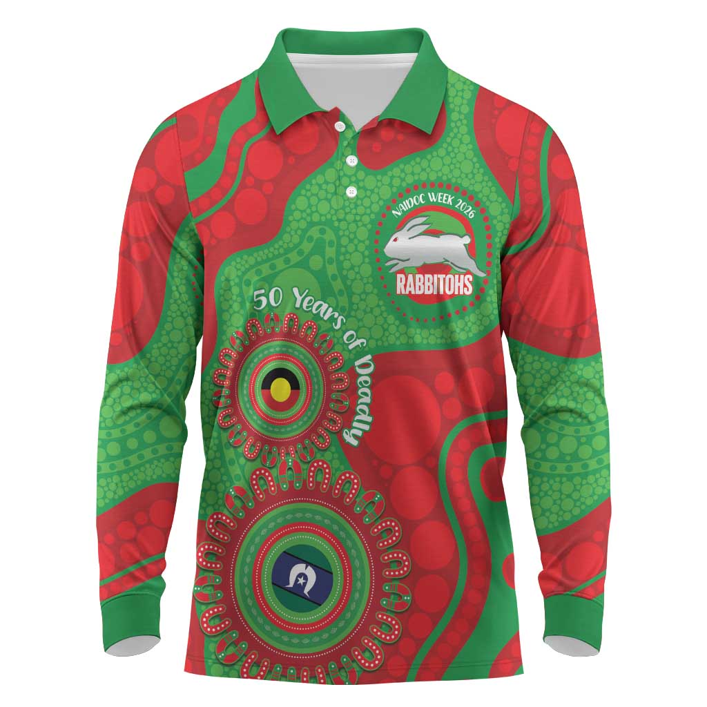 Rabbitohs NAIDOC Week 2026 Personalised Long Sleeve Polo Shirt 50 Years of Deadly Aboriginal Art