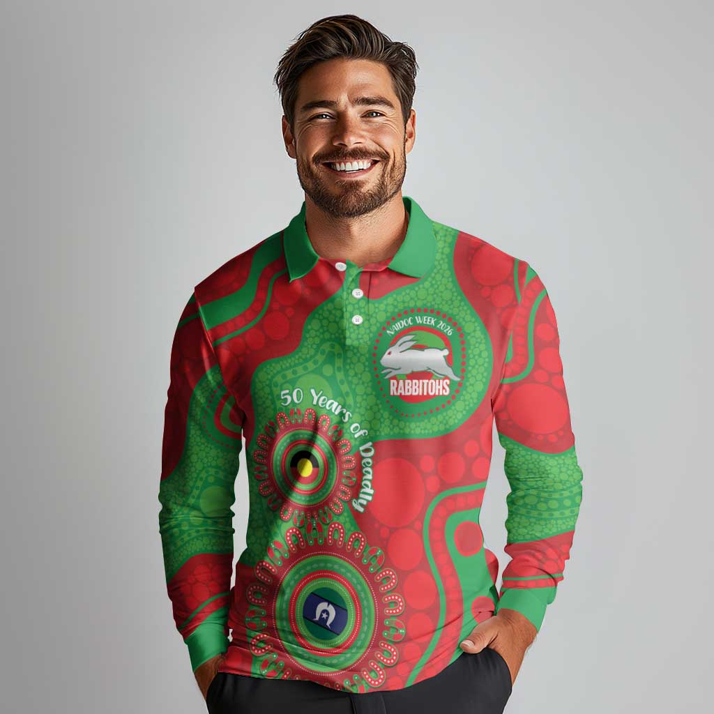 Rabbitohs NAIDOC Week 2026 Personalised Long Sleeve Polo Shirt 50 Years of Deadly Aboriginal Art