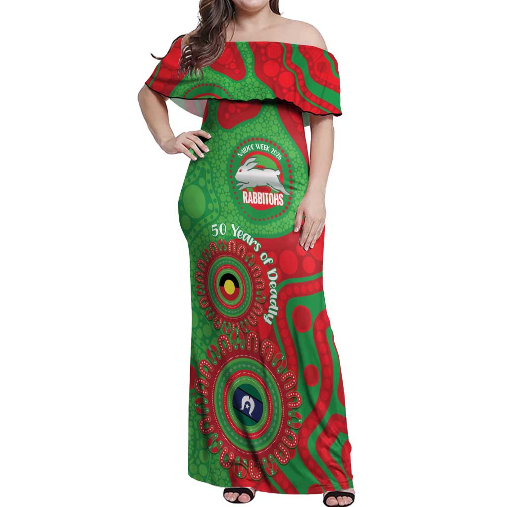 Rabbitohs NAIDOC Week 2026 Personalised Off Shoulder Maxi Dress 50 Years of Deadly Aboriginal Art