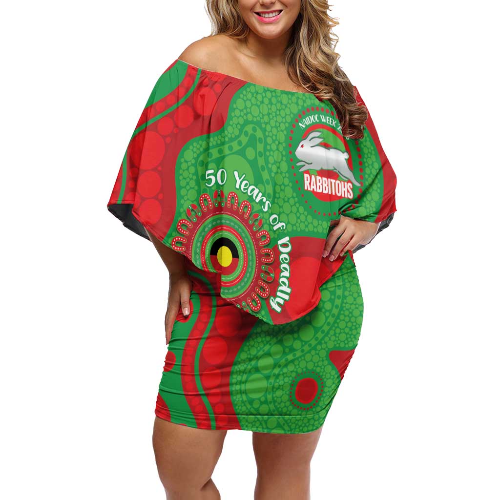 Rabbitohs NAIDOC Week 2026 Personalised Off Shoulder Short Dress 50 Years of Deadly Aboriginal Art