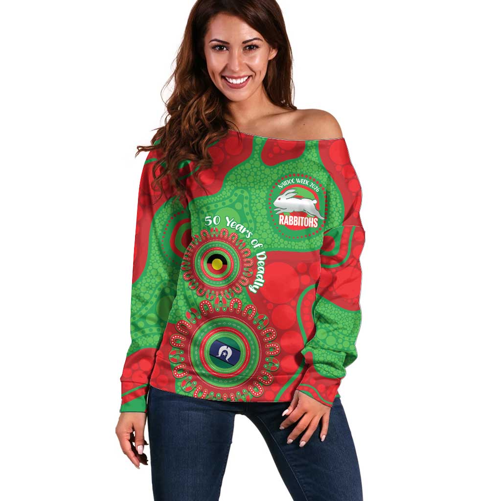 Rabbitohs NAIDOC Week 2026 Personalised Off Shoulder Sweater 50 Years of Deadly Aboriginal Art