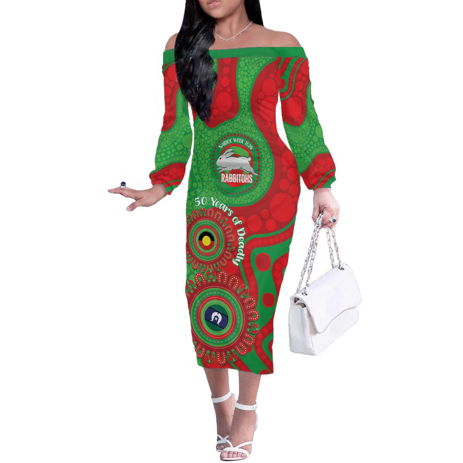 Rabbitohs NAIDOC Week 2026 Personalised Off The Shoulder Long Sleeve Dress 50 Years of Deadly Aboriginal Art