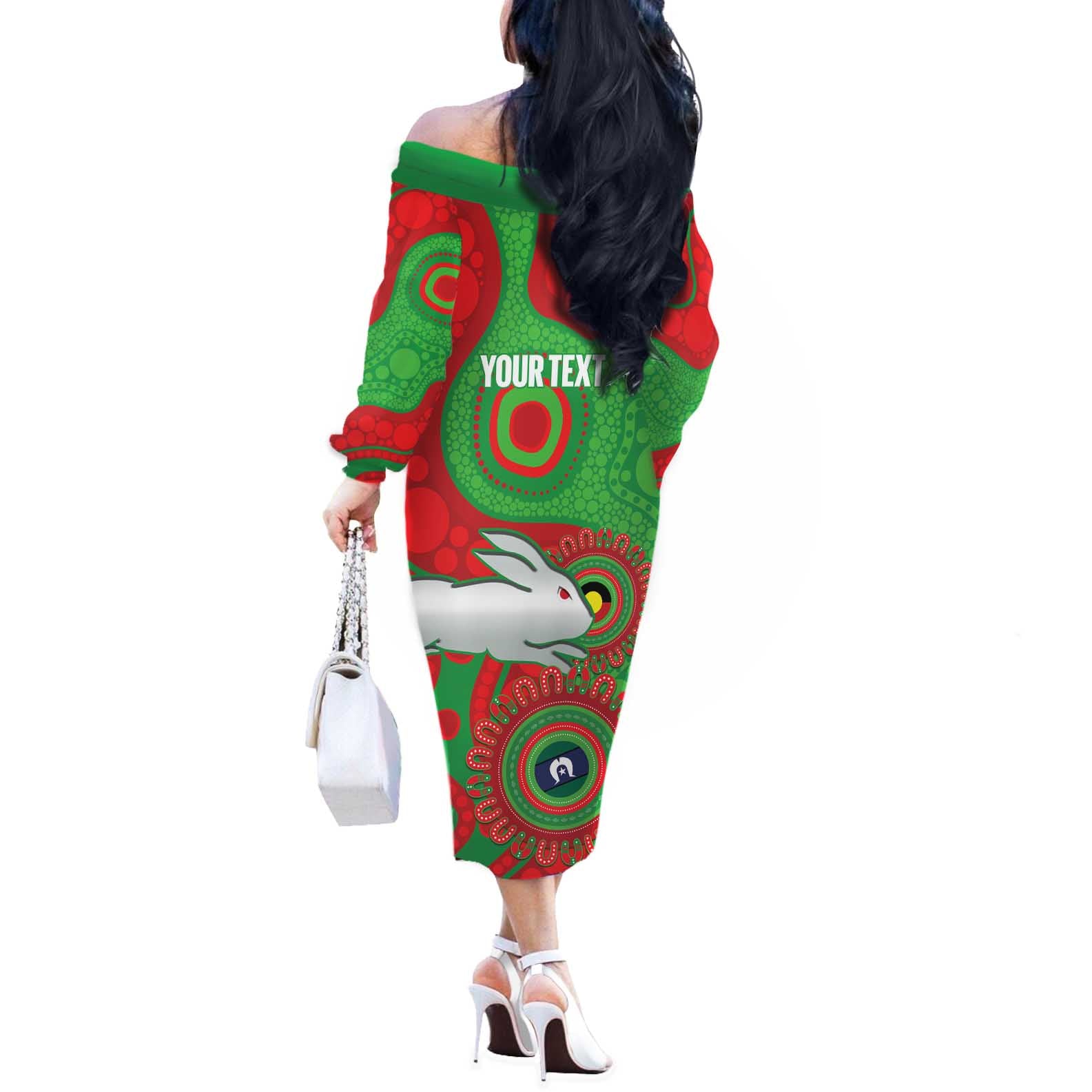 Rabbitohs NAIDOC Week 2026 Personalised Off The Shoulder Long Sleeve Dress 50 Years of Deadly Aboriginal Art