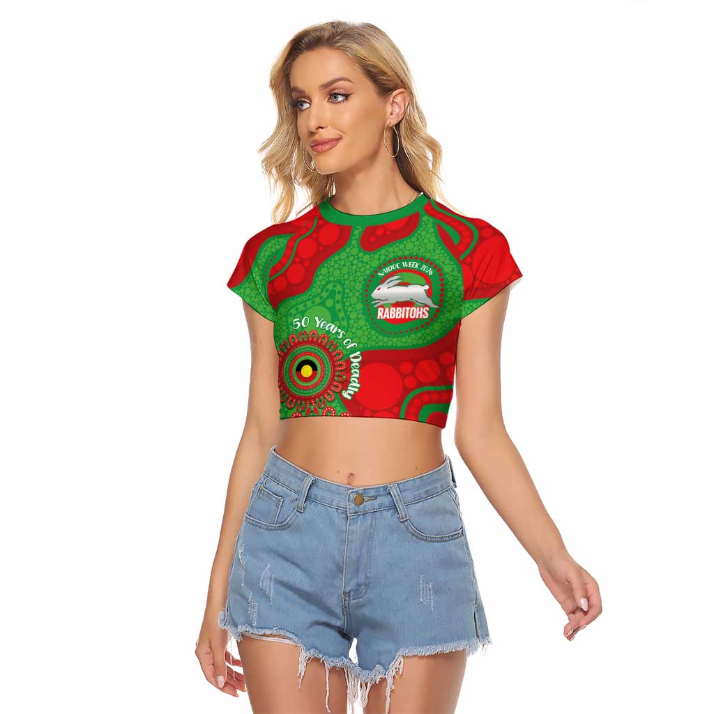 Rabbitohs NAIDOC Week 2026 Personalised Raglan Cropped T Shirt 50 Years of Deadly Aboriginal Art
