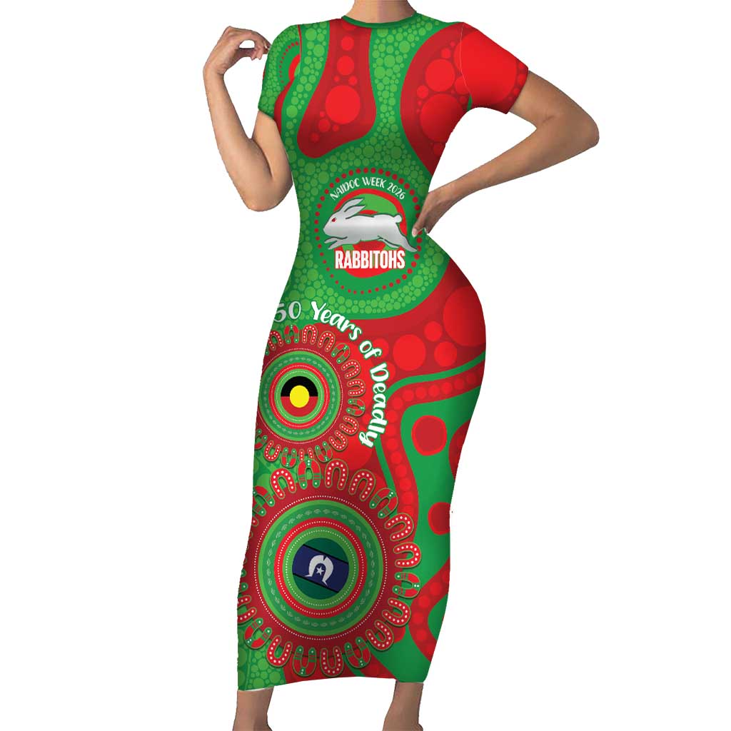 Rabbitohs NAIDOC Week 2026 Personalised Short Sleeve Bodycon Dress 50 Years of Deadly Aboriginal Art