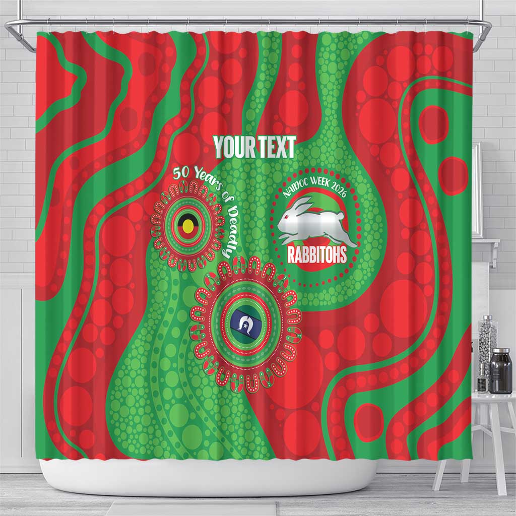 Rabbitohs NAIDOC Week 2026 Personalised Shower Curtain 50 Years of Deadly Aboriginal Art