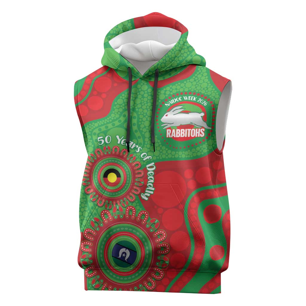 Rabbitohs NAIDOC Week 2026 Personalised Sleeveless Hoodie 50 Years of Deadly Aboriginal Art