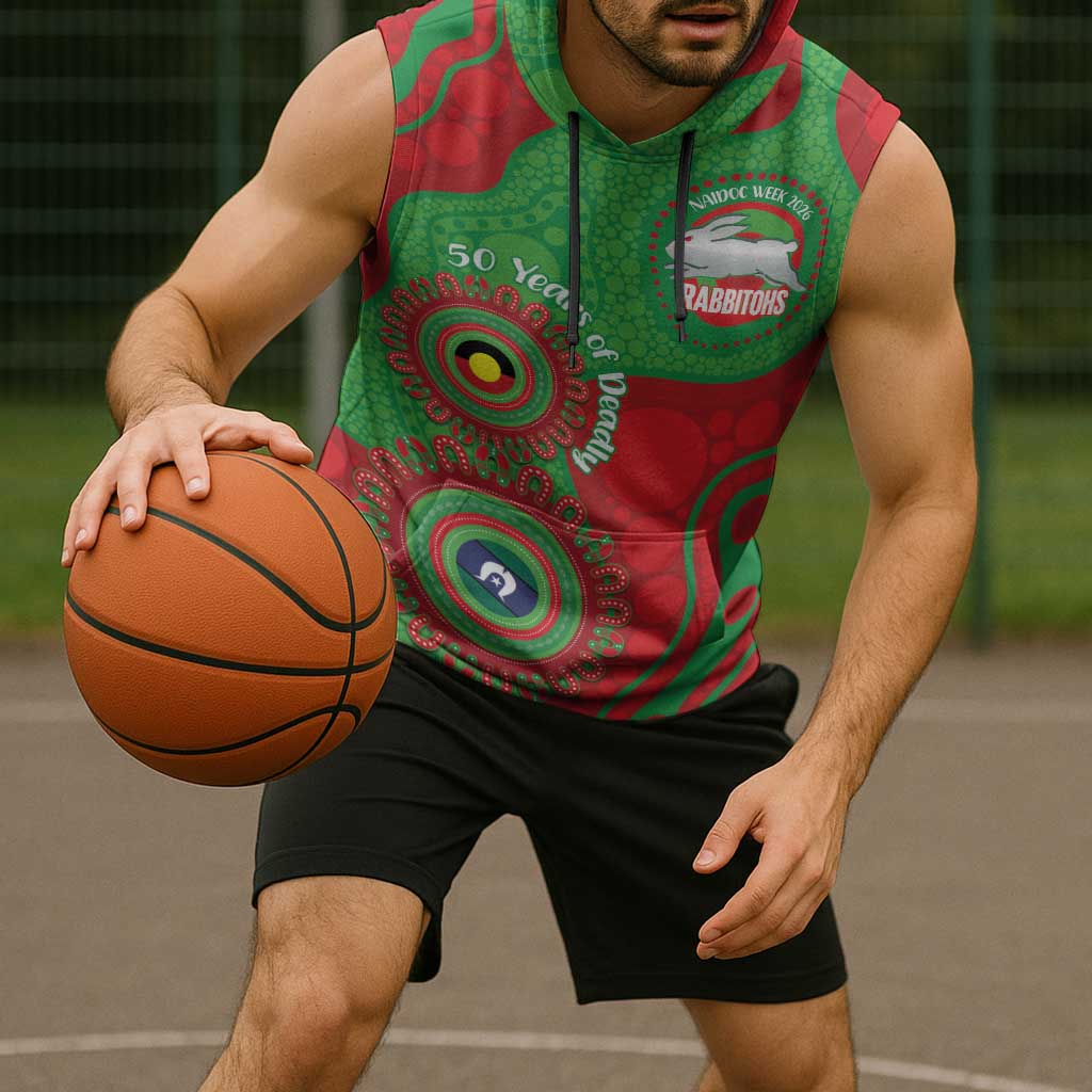 Rabbitohs NAIDOC Week 2026 Personalised Sleeveless Hoodie 50 Years of Deadly Aboriginal Art
