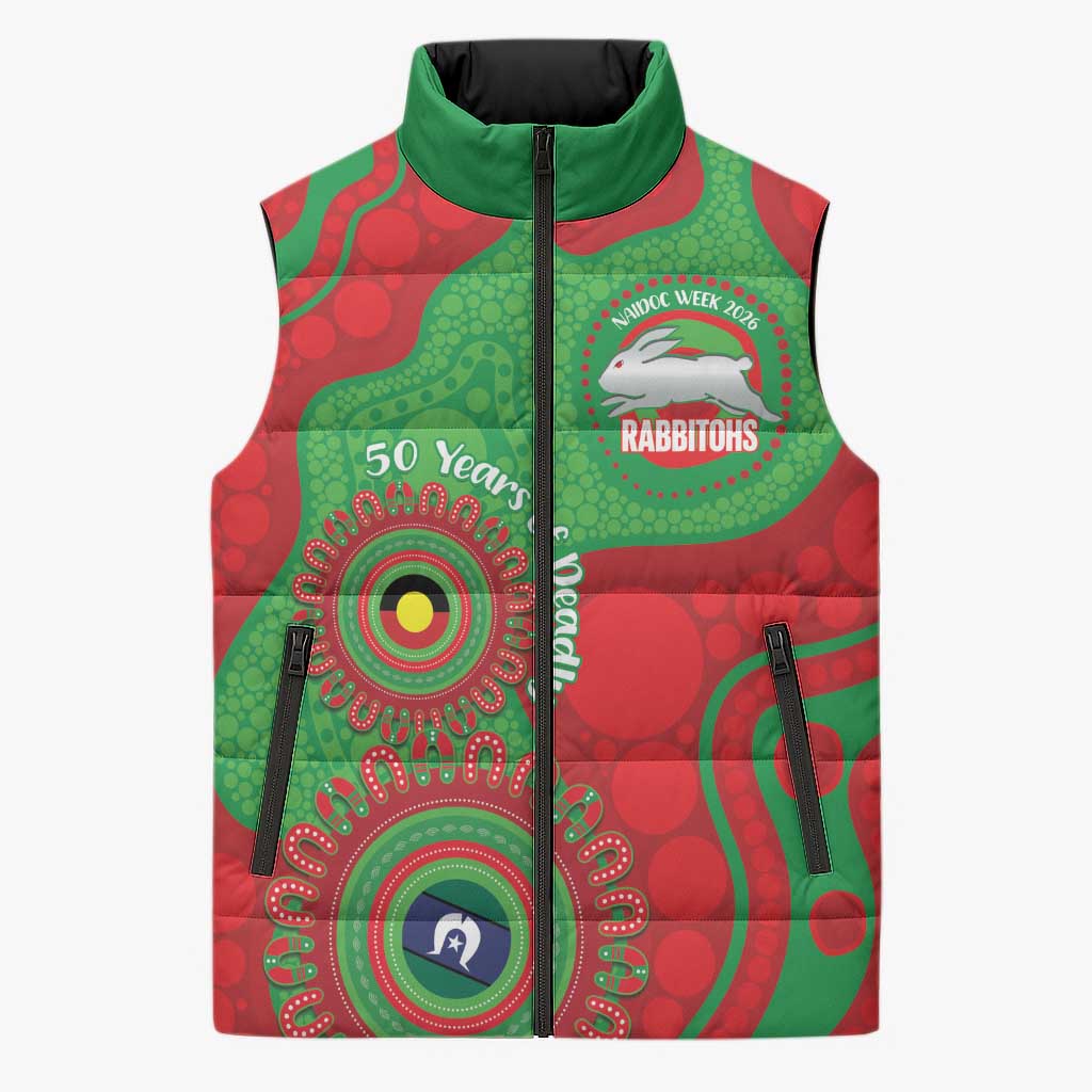 Rabbitohs NAIDOC Week 2026 Personalised Sleeveless Puffer Jacket 50 Years of Deadly Aboriginal Art
