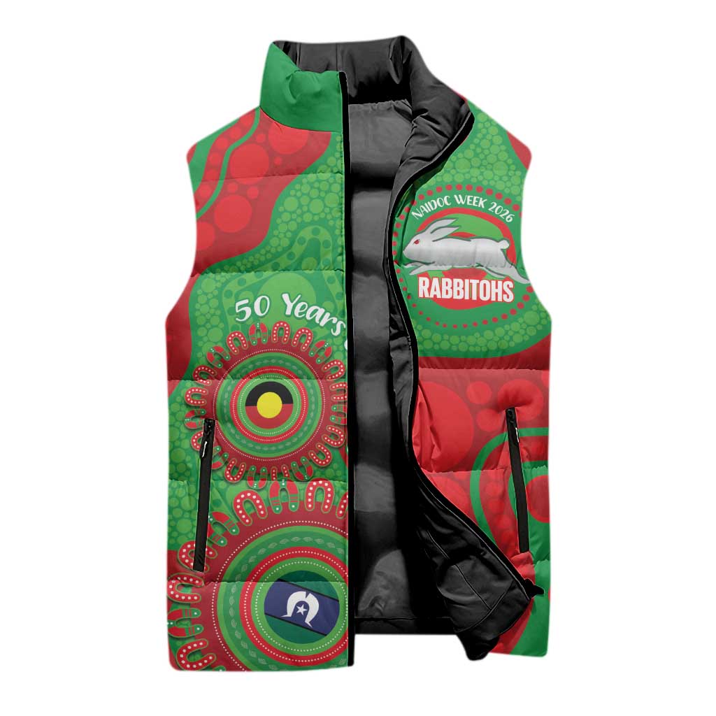 Rabbitohs NAIDOC Week 2026 Personalised Sleeveless Puffer Jacket 50 Years of Deadly Aboriginal Art