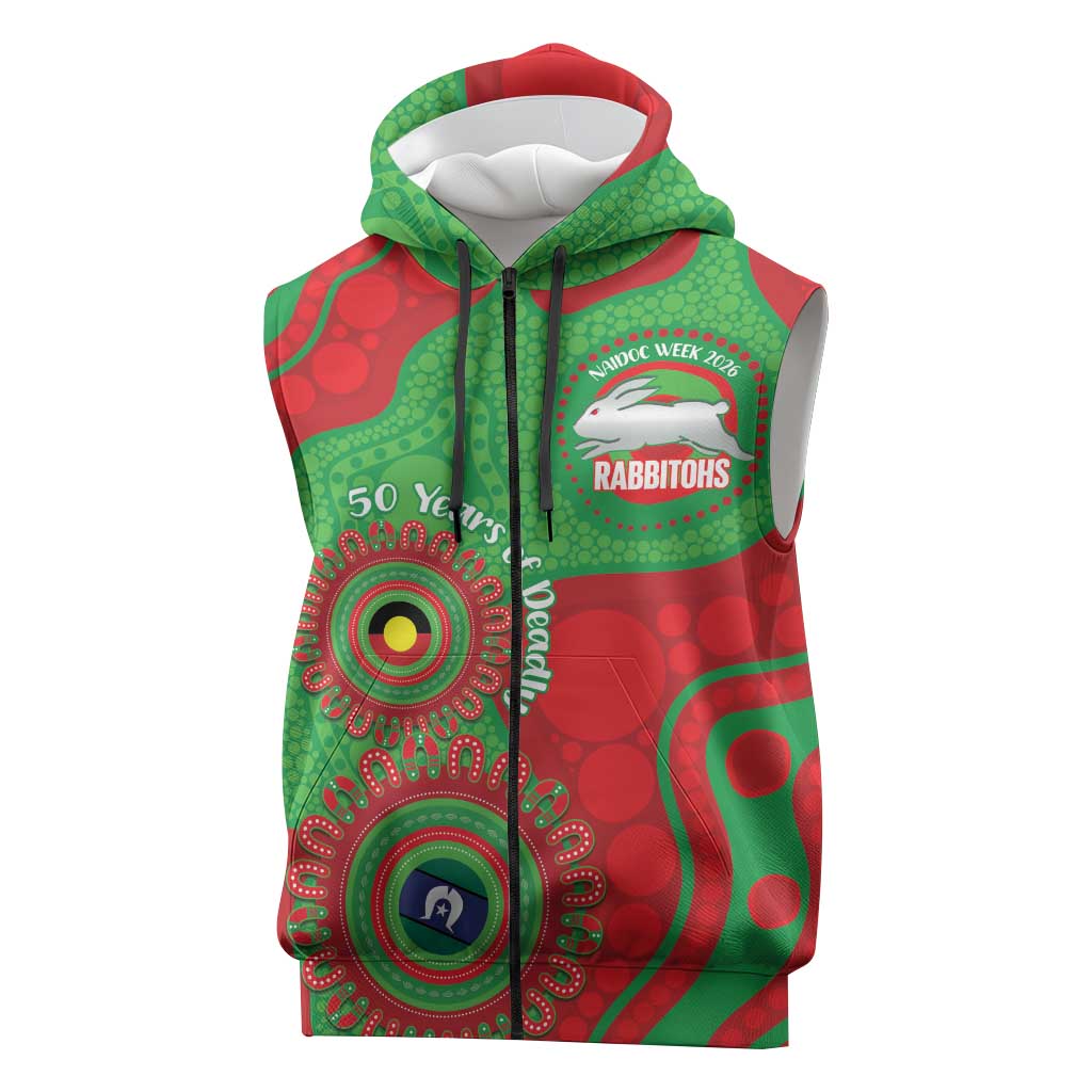 Rabbitohs NAIDOC Week 2026 Personalised Sleeveless Zip Hoodie 50 Years of Deadly Aboriginal Art