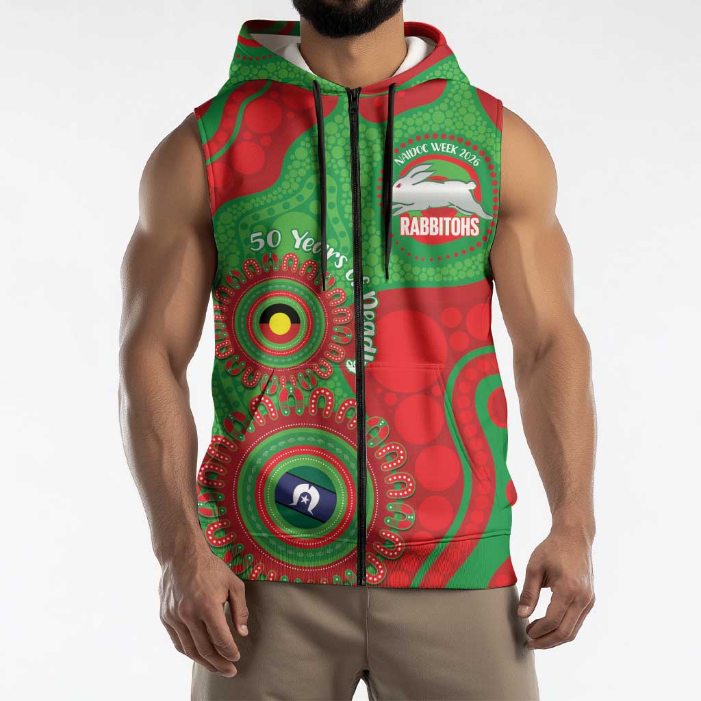Rabbitohs NAIDOC Week 2026 Personalised Sleeveless Zip Hoodie 50 Years of Deadly Aboriginal Art