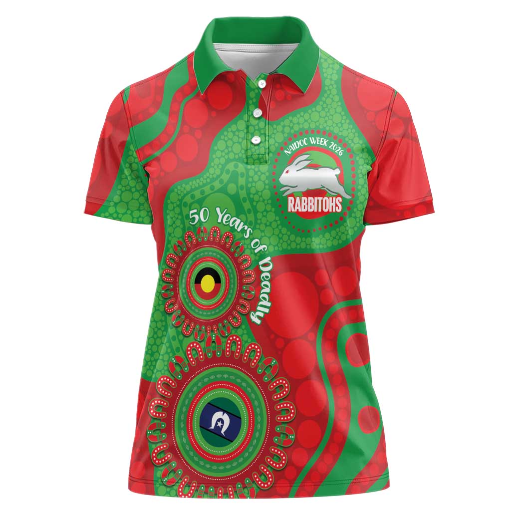 Rabbitohs NAIDOC Week 2026 Personalised Women Polo Shirt 50 Years of Deadly Aboriginal Art