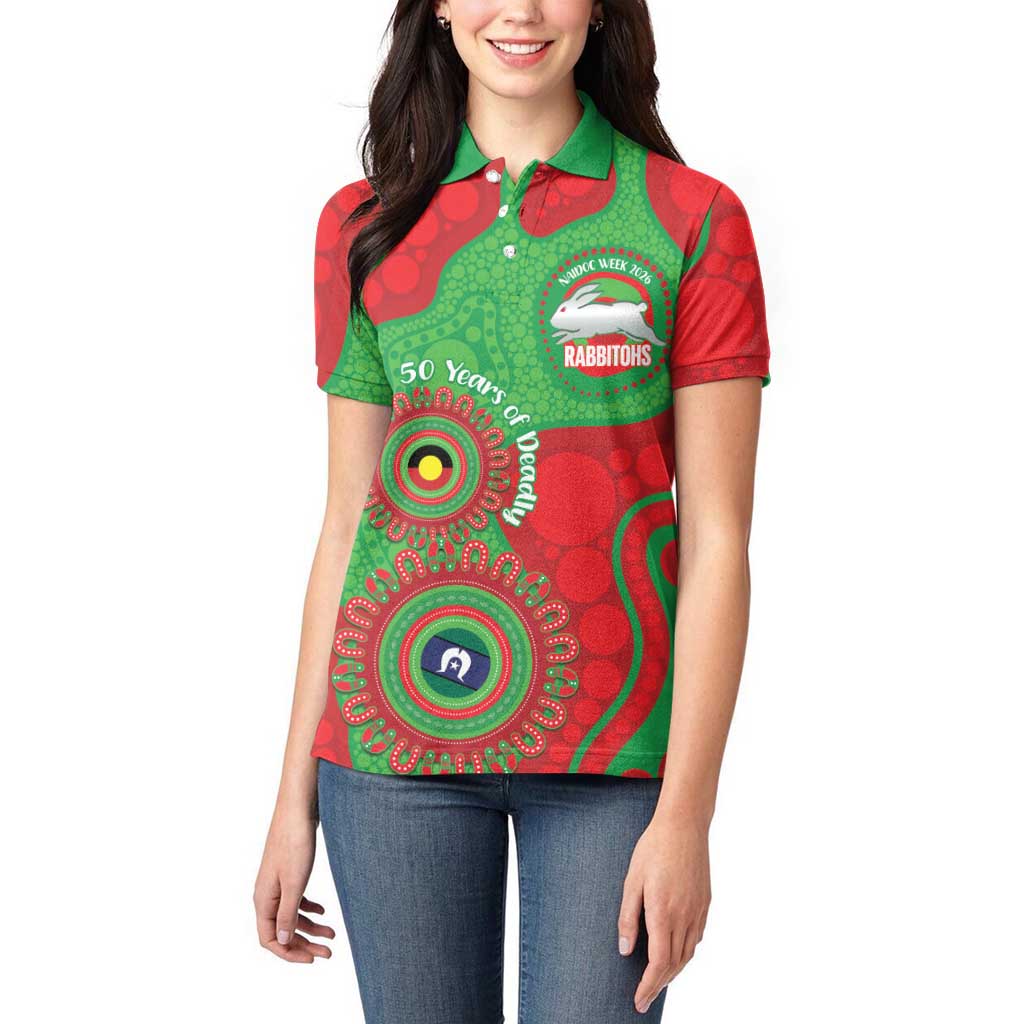 Rabbitohs NAIDOC Week 2026 Personalised Women Polo Shirt 50 Years of Deadly Aboriginal Art