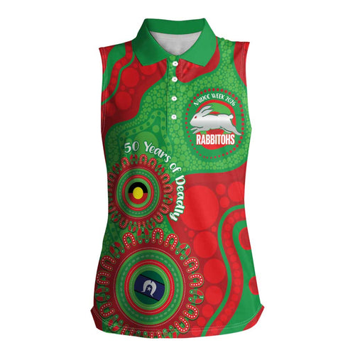 Rabbitohs NAIDOC Week 2026 Personalised Women Sleeveless Polo Shirt 50 Years of Deadly Aboriginal Art