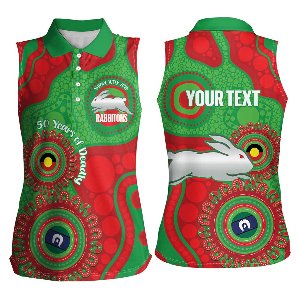 Rabbitohs NAIDOC Week 2026 Personalised Women Sleeveless Polo Shirt 50 Years of Deadly Aboriginal Art