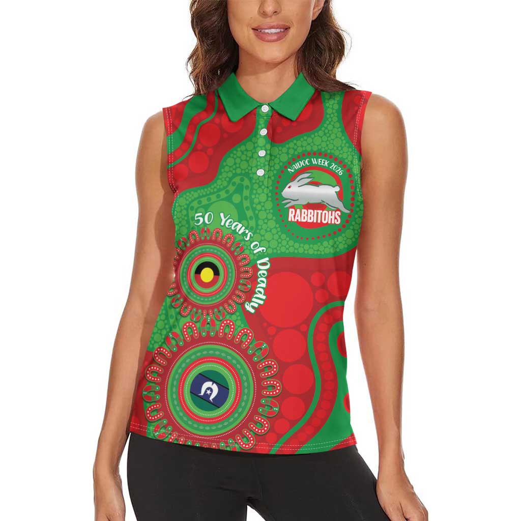 Rabbitohs NAIDOC Week 2026 Personalised Women Sleeveless Polo Shirt 50 Years of Deadly Aboriginal Art