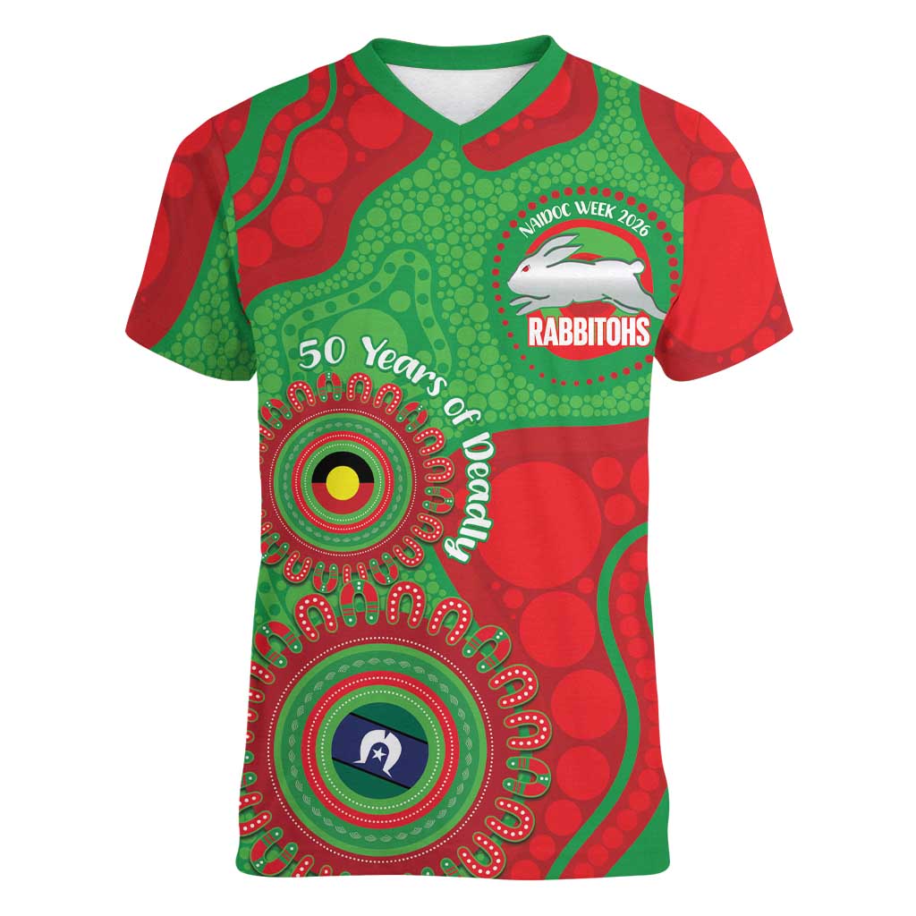 Rabbitohs NAIDOC Week 2026 Personalised Women V-Neck T-Shirt 50 Years of Deadly Aboriginal Art