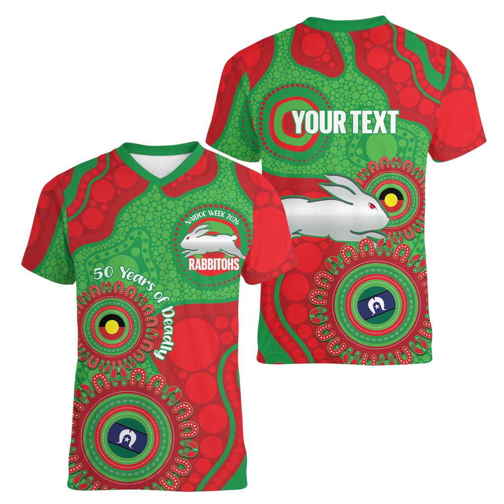 Rabbitohs NAIDOC Week 2026 Personalised Women V-Neck T-Shirt 50 Years of Deadly Aboriginal Art