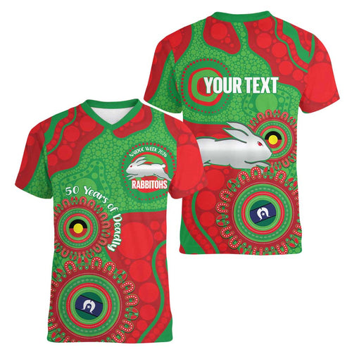 Rabbitohs NAIDOC Week 2026 Personalised Women V-Neck T-Shirt 50 Years of Deadly Aboriginal Art