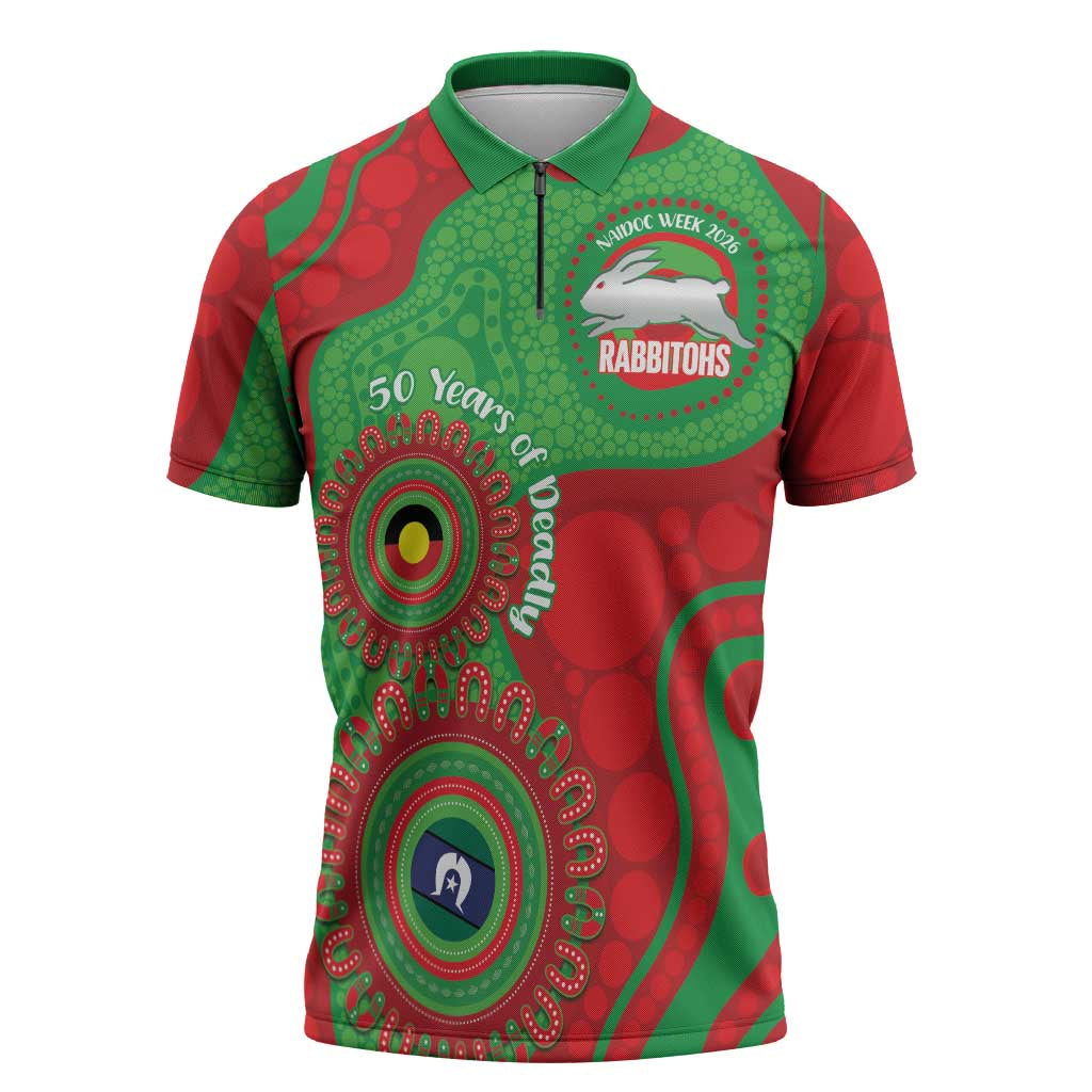 Rabbitohs NAIDOC Week 2026 Personalised Zipper Polo Shirt 50 Years of Deadly Aboriginal Art