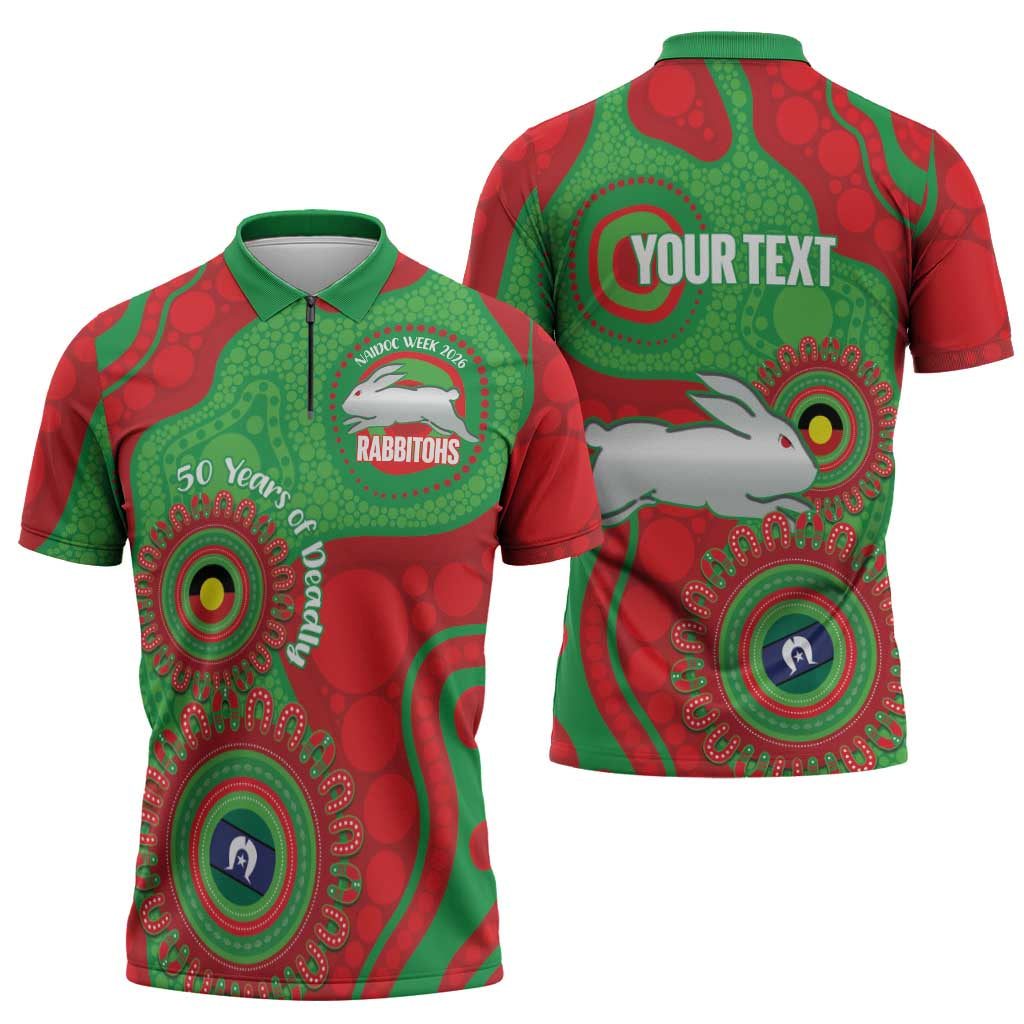 Rabbitohs NAIDOC Week 2026 Personalised Zipper Polo Shirt 50 Years of Deadly Aboriginal Art