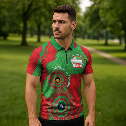 Rabbitohs NAIDOC Week 2026 Personalised Zipper Polo Shirt 50 Years of Deadly Aboriginal Art