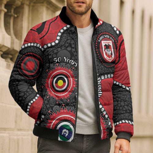 Dragons NAIDOC Week 2026 Personalised Bomber Puffer Jacket 50 Years of Deadly Aboriginal Art
