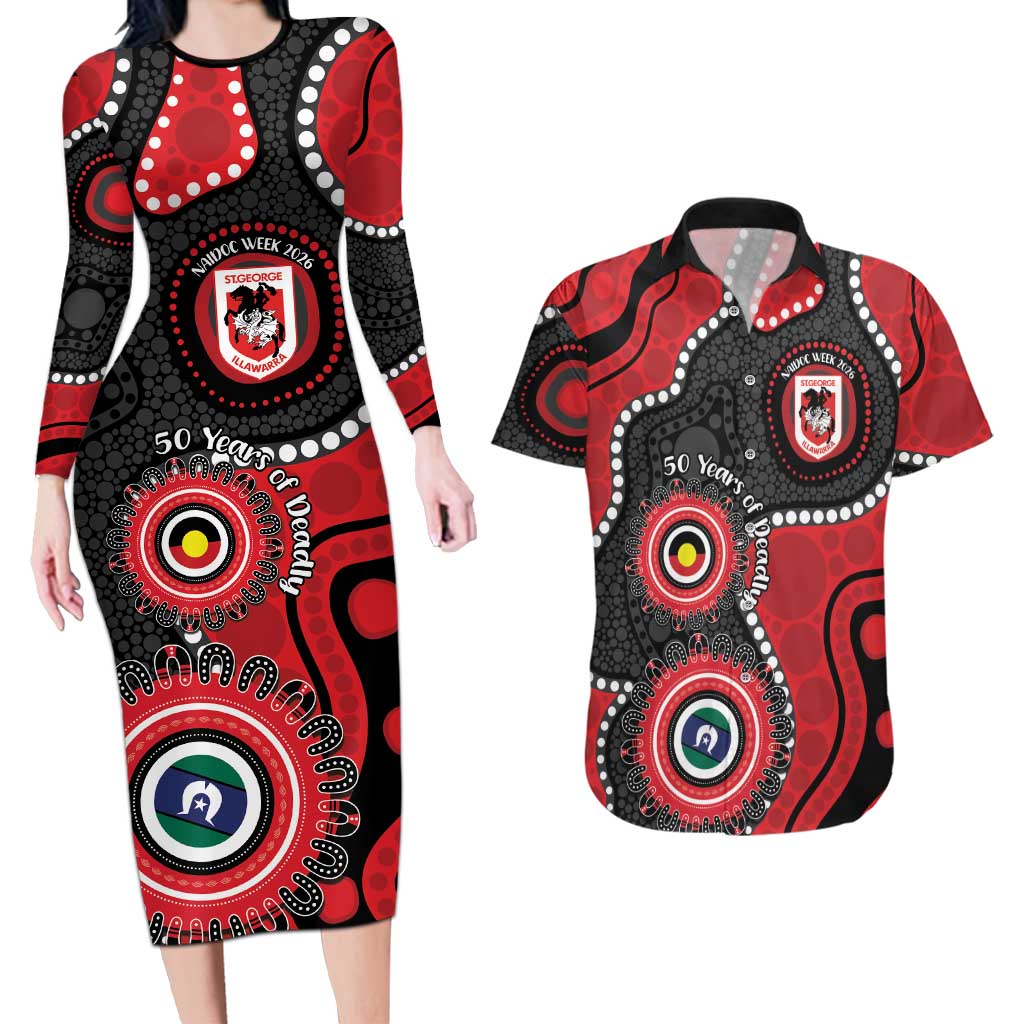 Dragons NAIDOC Week 2026 Personalised Couples Matching Long Sleeve Bodycon Dress and Hawaiian Shirt 50 Years of Deadly Aboriginal Art
