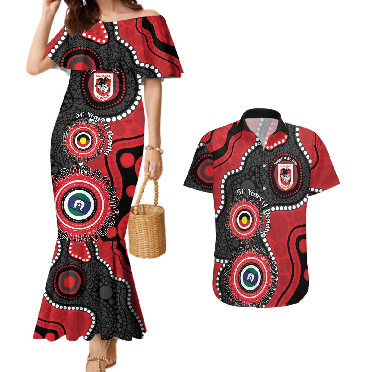 Dragons NAIDOC Week 2026 Personalised Couples Matching Mermaid Dress and Hawaiian Shirt 50 Years of Deadly Aboriginal Art
