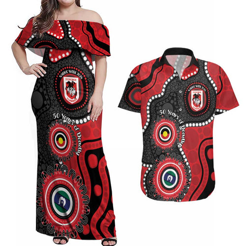 Dragons NAIDOC Week 2026 Personalised Couples Matching Off Shoulder Maxi Dress and Hawaiian Shirt 50 Years of Deadly Aboriginal Art