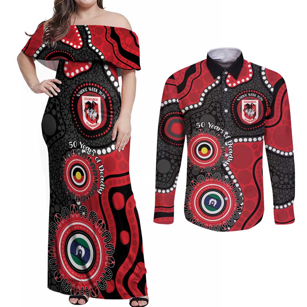 Dragons NAIDOC Week 2026 Personalised Couples Matching Off Shoulder Maxi Dress and Long Sleeve Button Shirt 50 Years of Deadly Aboriginal Art